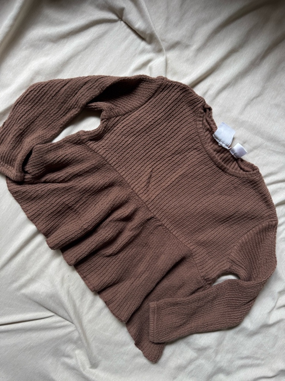 Zara Chocolate Brown Ruffle-Hem Crewneck Sweater